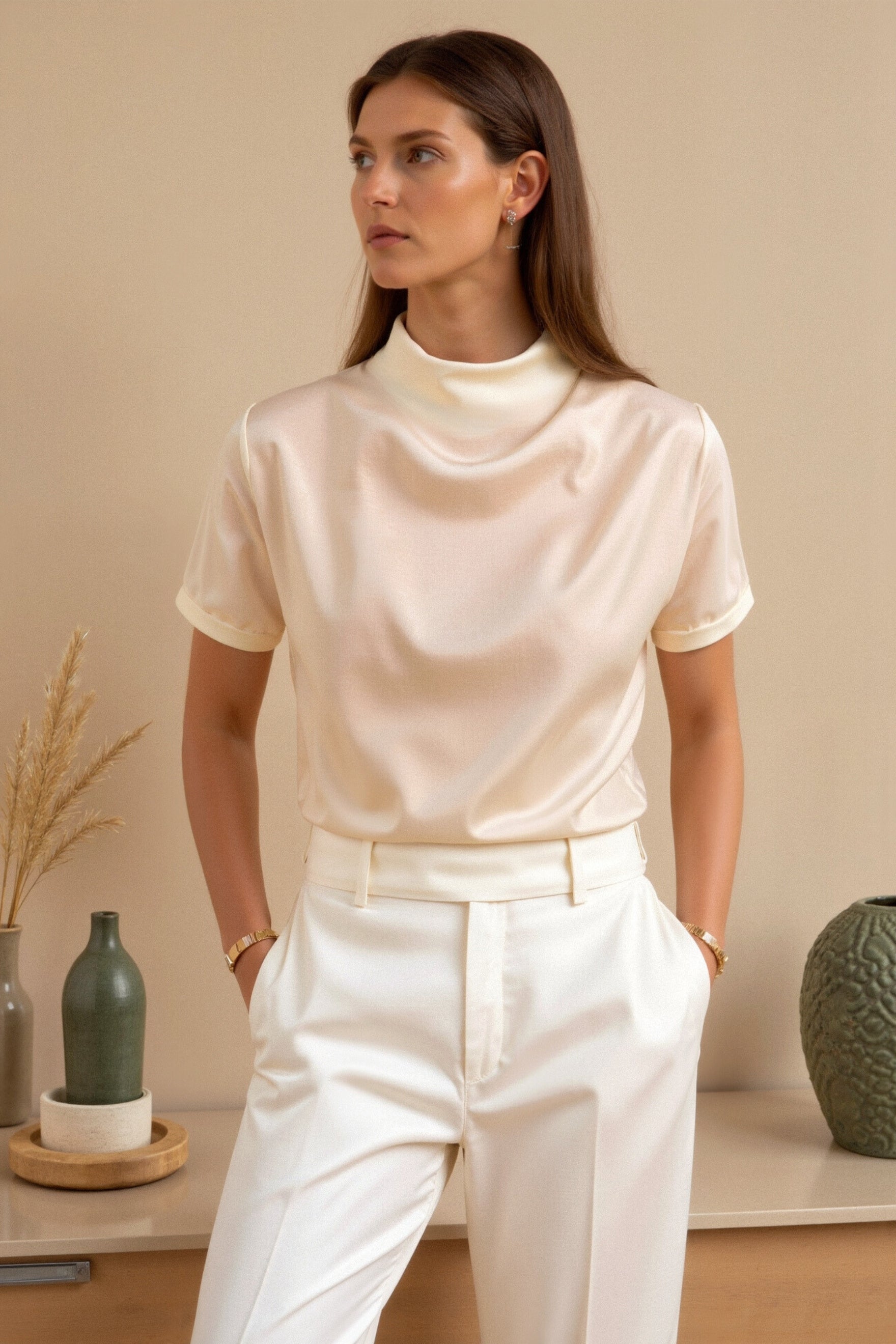 Old Money Plain Premium Solid Pleated Mock Neck Bluse