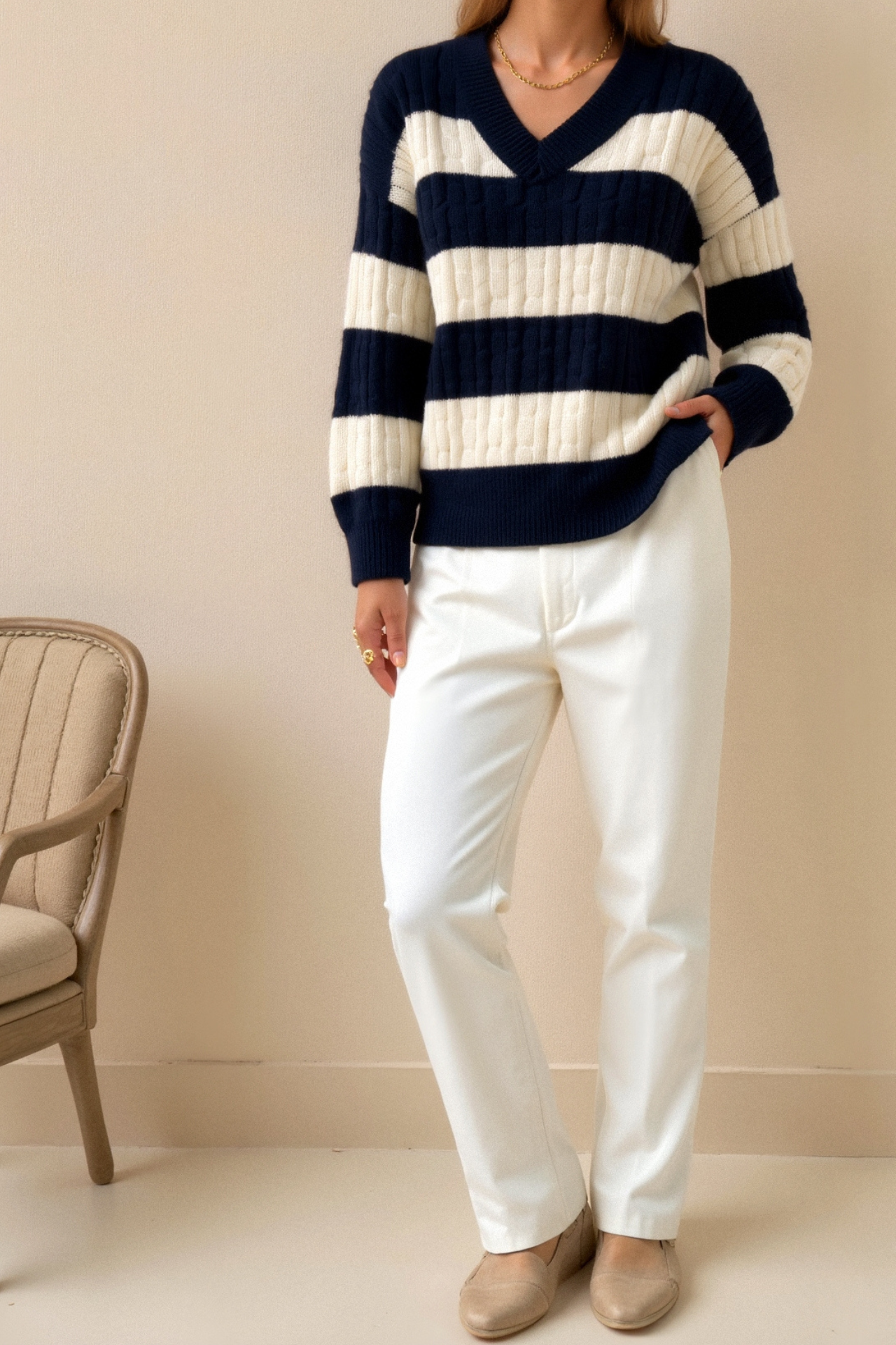 Old Money Kabelstrick Farbblock V-Ausschnitt Eleganter Fall-Schulter Pullover