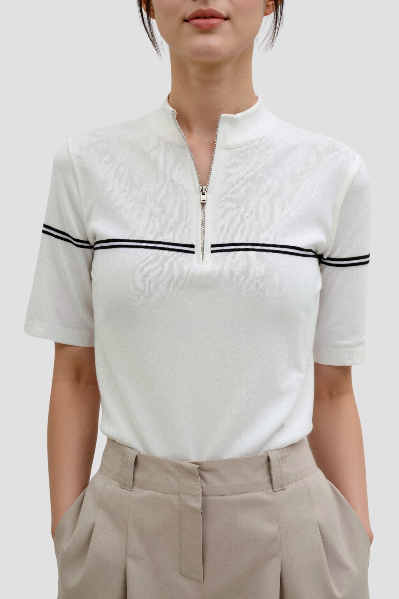 Old Money Zip Up Elegantes Kurzarm Gestreiftes T-Shirt
