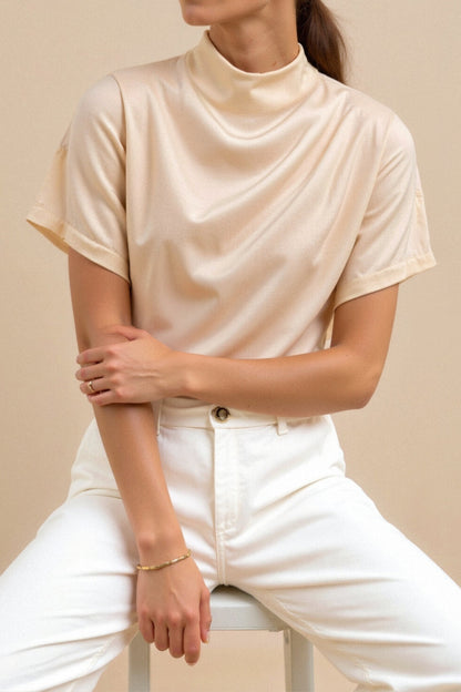 Old Money Plain Premium Solid Pleated Mock Neck Bluse