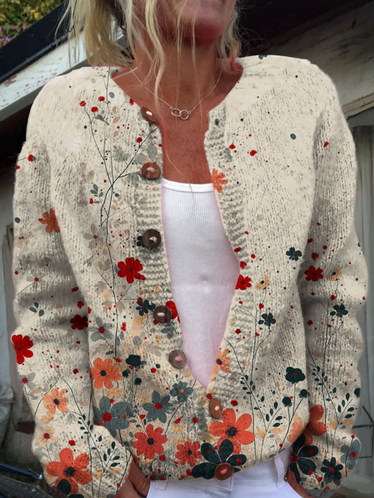 Vintage Blumen Kunst Druck Knopf-Cardigan Pullover