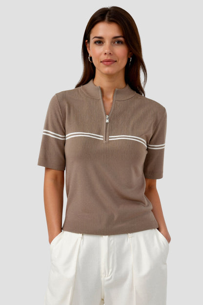 Old Money Zip Up Elegantes Kurzarm Gestreiftes T-Shirt