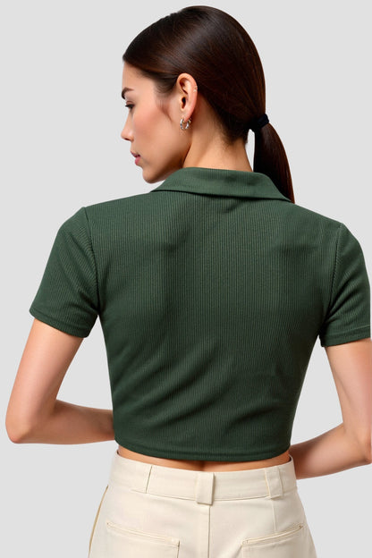 Old Money Cropped Solid Collared Kurzarm Ripp-Polo T-Shirt