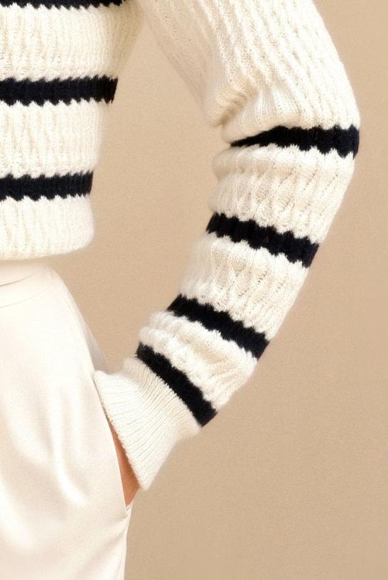 Premium Eleganter Langärmeliger Gemusterter Gestreifter Drop-Shoulder Kragenpullover