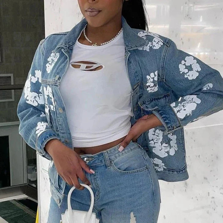 Blumenmuster Denimjacke