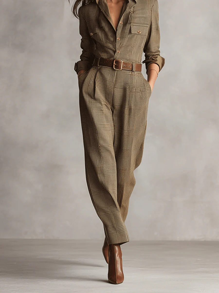 Zoë | Eleganter Tweed-Textur Karomuster Utility Jumpsuit