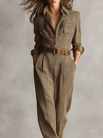 Zoë | Eleganter Tweed-Textur Karomuster Utility Jumpsuit