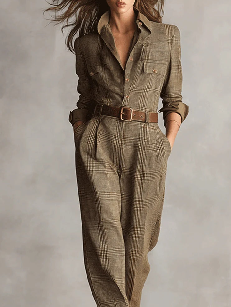 Zoë | Eleganter Tweed-Textur Karomuster Utility Jumpsuit