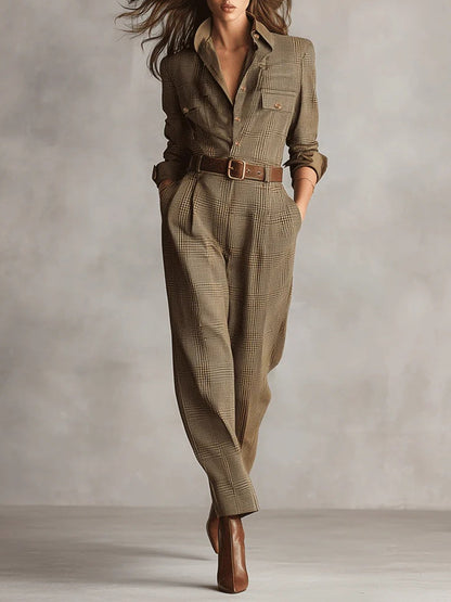 Zoë | Eleganter Tweed-Textur Karomuster Utility Jumpsuit