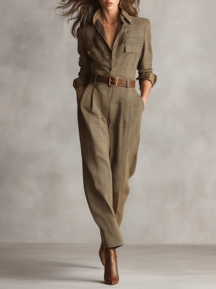 Zoë | Eleganter Tweed-Textur Karomuster Utility Jumpsuit
